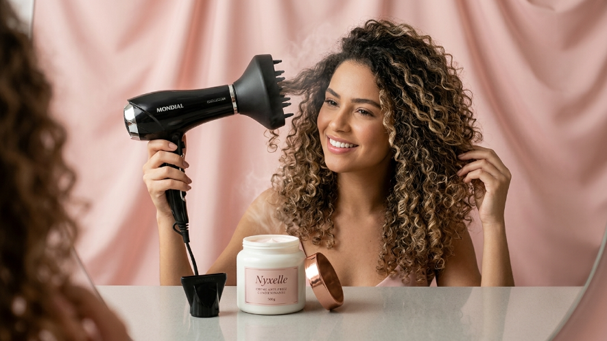 Modelo cacheada com Kit Cachos Perfeitos Nyxelle — Secador Mondial e Creme Anti-Frizz